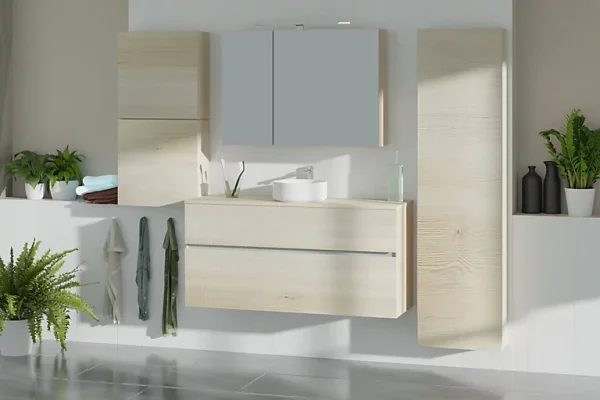 vente chaude Castorama Meuble Sous-vasque à Suspendre Calao Aspect Chêne Naturel 120 Cm + Plan De Toilette 1