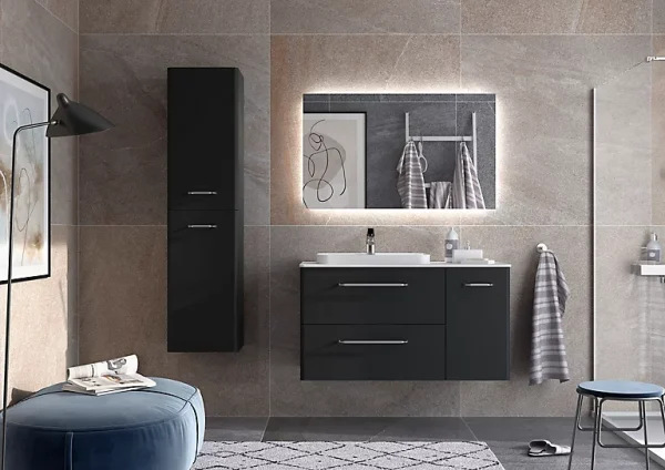 grande qualité Castorama Meuble Sous Vasque à Suspendre Cygnus Bath Teha L. 105 Cm Noir Mat + Plan Vasque Semi-encastré Résine Blanc 1