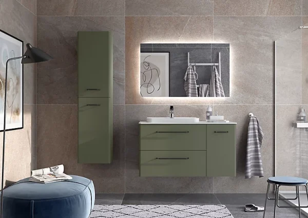 dernière tendance Castorama Meuble Sous Vasque à Suspendre Cygnus Bath Teha L. 105 Cm Vert Bosque + Plan Vasque Semi-encastré Résine Blanc 1