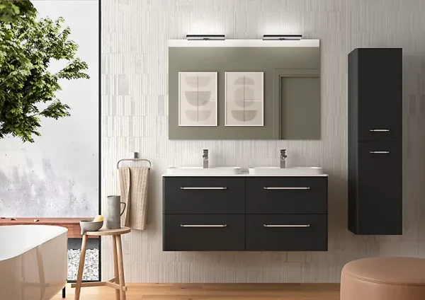 Castorama Meuble Sous Vasque à Suspendre Cygnus Bath Teha L. 120 Cm Noir Mat + Plan Double Vasque Semi-encastré Résine Blanc a Prix Discount 1