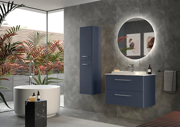 Acheter Castorama Meuble Sous Vasque à Suspendre Cygnus Bath Teha L. 80 Cm Bleu Nuit + Plan Vasque Semi-encastré Résine Blanc 1