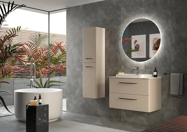 solde en ligne Castorama Meuble Sous Vasque à Suspendre Cygnus Bath Teha L. 80 Cm Macchiato + Plan Vasque Semi-encastré Résine Blanc 1