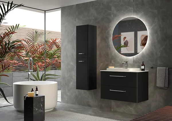 soldes officiel Castorama Meuble Sous Vasque à Suspendre Cygnus Bath Teha L. 80 Cm Noir Mat + Plan Vasque Semi-encastré Résine Blanc 1