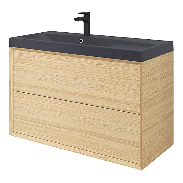 marques pas cher Castorama Meuble Sous Vasque à Suspendre GoodHome Avela Placage Chêne 100 Cm + Plan Vasque En Résine Noir Mila 1