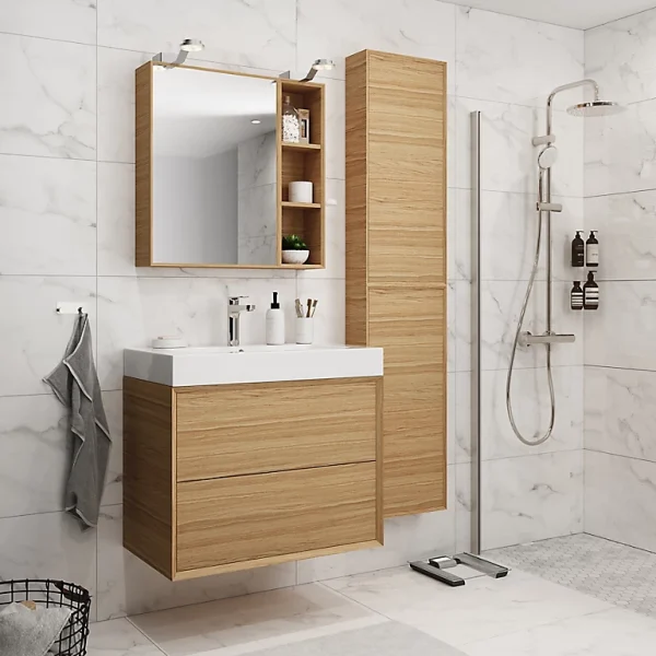Satisfait ou Remboursé Castorama Meuble Sous Vasque à Suspendre GoodHome Avela Placage Chêne 80 Cm + Plan Vasque Duala 1