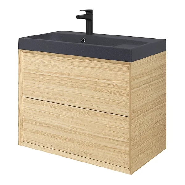 site en ligne Castorama Meuble Sous Vasque à Suspendre GoodHome Avela Placage Chêne 80 Cm + Plan Vasque En Résine Noir Mila 1