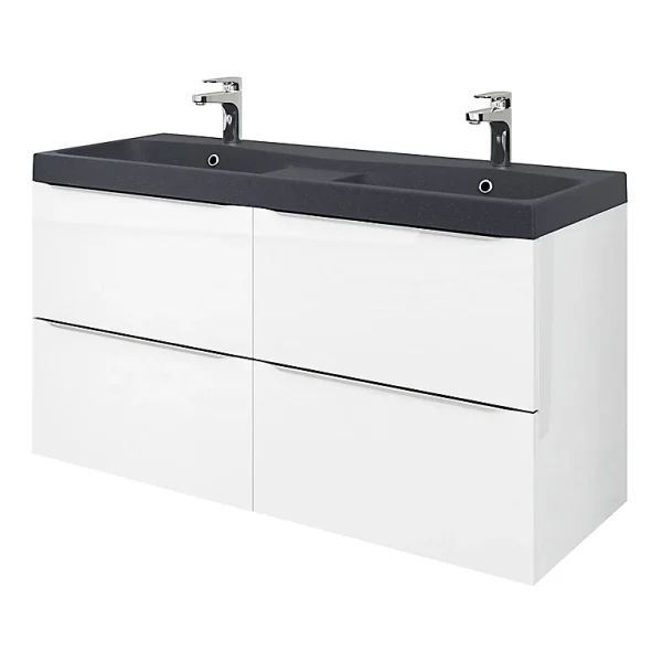prix pas cher Castorama Meuble Sous Vasque à Suspendre GoodHome Imandra Blanc 120 Cm + Plan Double Vasque Noir GoodHome Mila 120 Cm 1