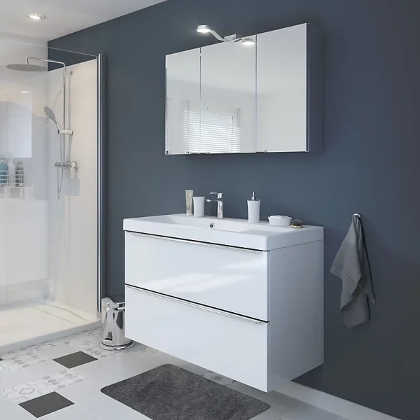 luxe soldes Castorama Meuble Sous Vasque à Suspendre GoodHome Imandra Blanc 80 Cm + Plan Vasque Nira 1