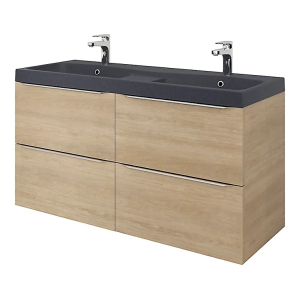 authentiques Castorama Meuble Sous Vasque à Suspendre GoodHome Imandra Bois Chêne 120 Cm + Plan Double Vasque Noir GoodHome Mila 120 Cm 1