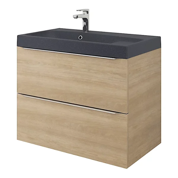 grossiste en ligne Castorama Meuble Sous Vasque à Suspendre GoodHome Imandra Bois Chêne 80 Cm + Plan Vasque Noir GoodHome Mila 80 Cm 1
