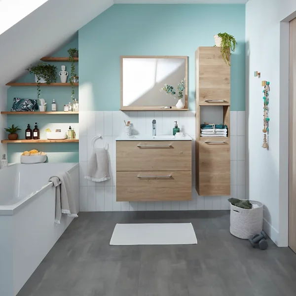 Castorama Meuble Sous Vasque à Suspendre Noé Effet Bois 80 Cm + Plan Vasque En Céramique Blanc + Miroir marque moins cher 1