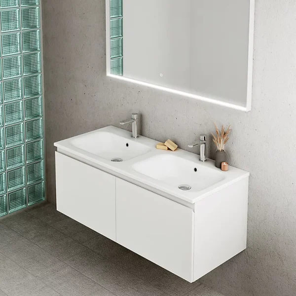 solde en ligne Castorama Meuble Sous Vasque à Suspendre Pura Blanc 120 Cm + Plan Double Vasque En Résine Blanc 1