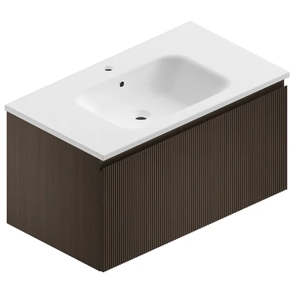 Castorama Meuble Sous Vasque à Suspendre Pura Placage Noyer Strié 90 Cm + Plan Vasque En Résine Blanc Mat Meilleur Prix 1
