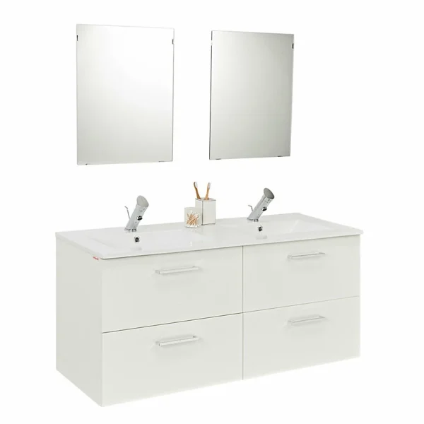 Castorama Meuble Sous Vasque à Suspendre Pyxis Blanc 120 Cm + Plan Vasque En Céramique Blanc + 2 Miroirs Pas Cher Magasin Soldes 1