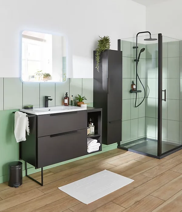 Nouvelle Collection Castorama Meuble Sous-vasque à Suspendre Urban Noir Mat 74 Cm + Plan Vasque En Résine Blanc 1