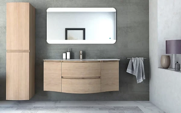 acheter en ligne Castorama Meuble Sous Vasque à Suspendre Vague Décor Chêne Naturel 138 Cm + Plan Vasque En Verre Blanc + 2 Meubles Compléments 1