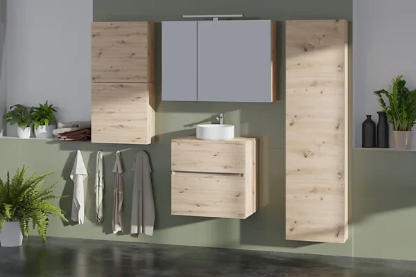 Castorama Meuble Sous-vasque Faible Profondeur à Suspendre Calao Aspect Chêne Artisan 60 Cm + Plan De Toilette excellente qualité 1