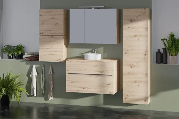 shopping pas cher Castorama Meuble Sous-vasque Faible Profondeur à Suspendre Calao Aspect Chêne Artisan 90 Cm + Plan De Toilette 1