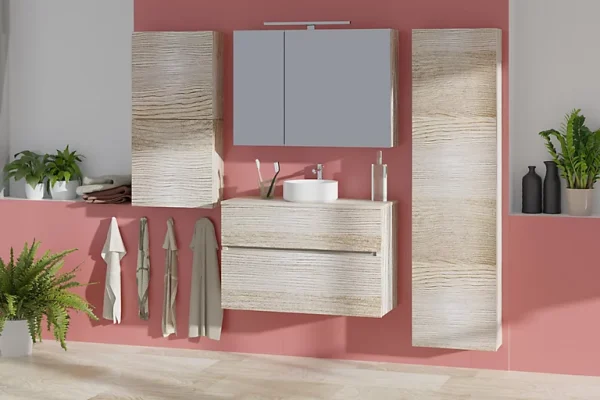en ligne vente Castorama Meuble Sous-vasque Faible Profondeur à Suspendre Calao Aspect Chêne Clair 90 Cm + Plan De Toilette 1