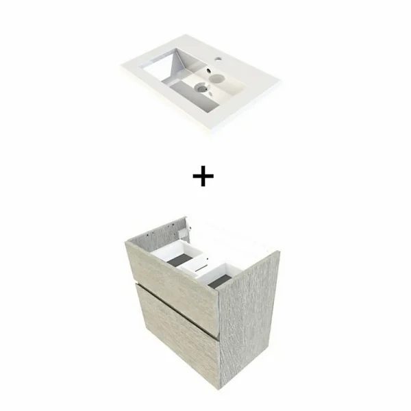 marque pas cher Castorama Meuble Sous Vasque Faible Profondeur Calao Aspect Chêne Clair 60 Cm + Plan Vasque En Résine 1