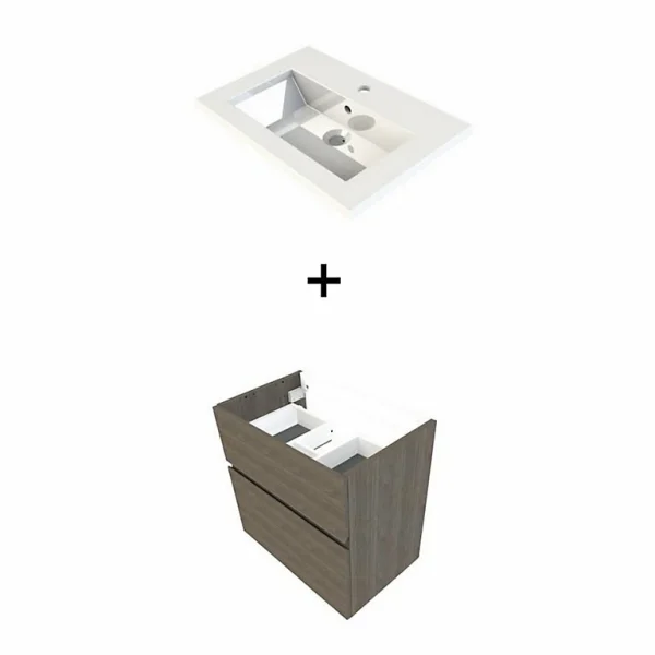 en ligne officielle Castorama Meuble Sous Vasque Faible Profondeur Calao Aspect Chêne Fumé 60 Cm + Plan Vasque En Résine 1
