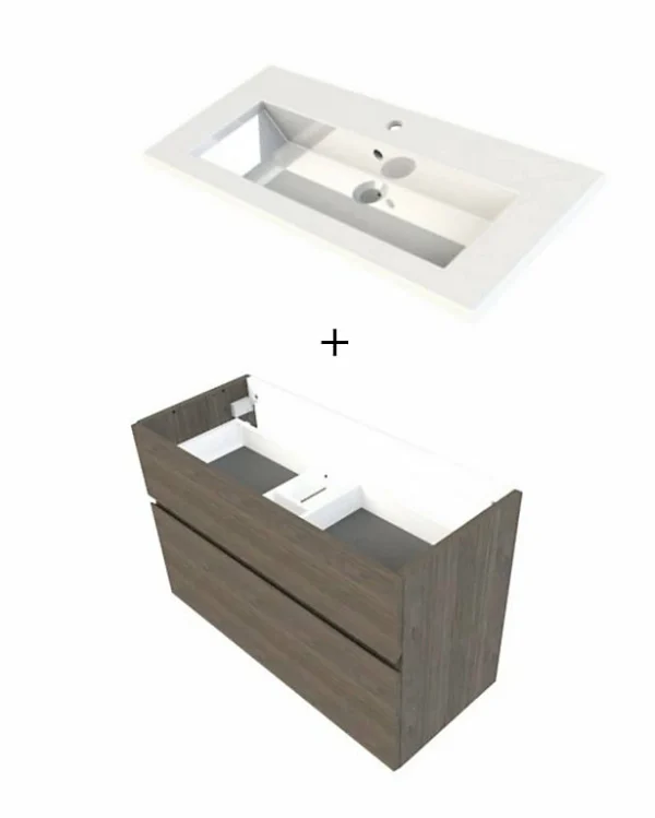 a Prix Discount Castorama Meuble Sous Vasque Faible Profondeur Calao Aspect Chêne Fumé 90 Cm + Plan Vasque En Résine 1